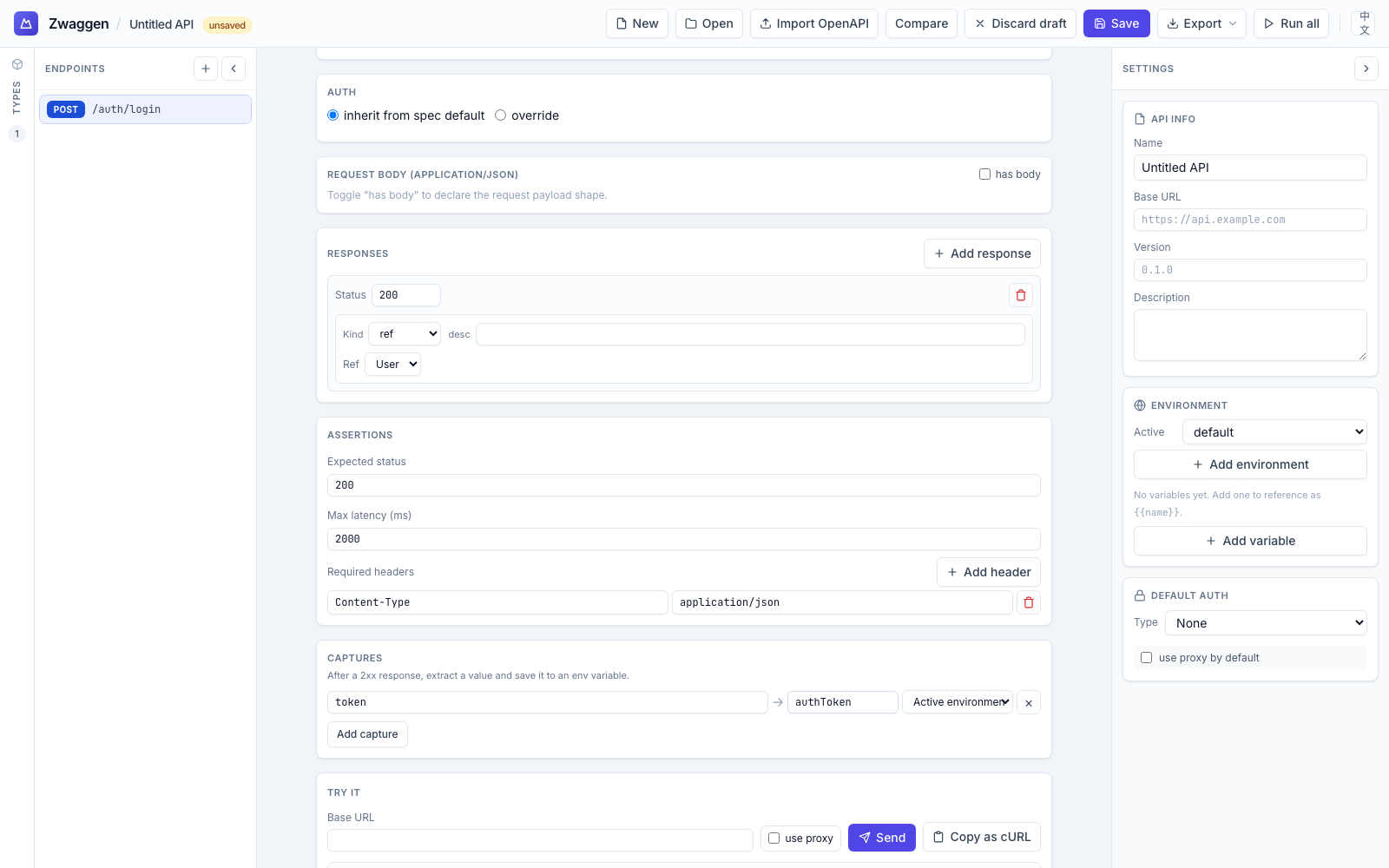 Assertions and Captures sections on an endpoint, with expected status, max latency, a required header, and a body capture row