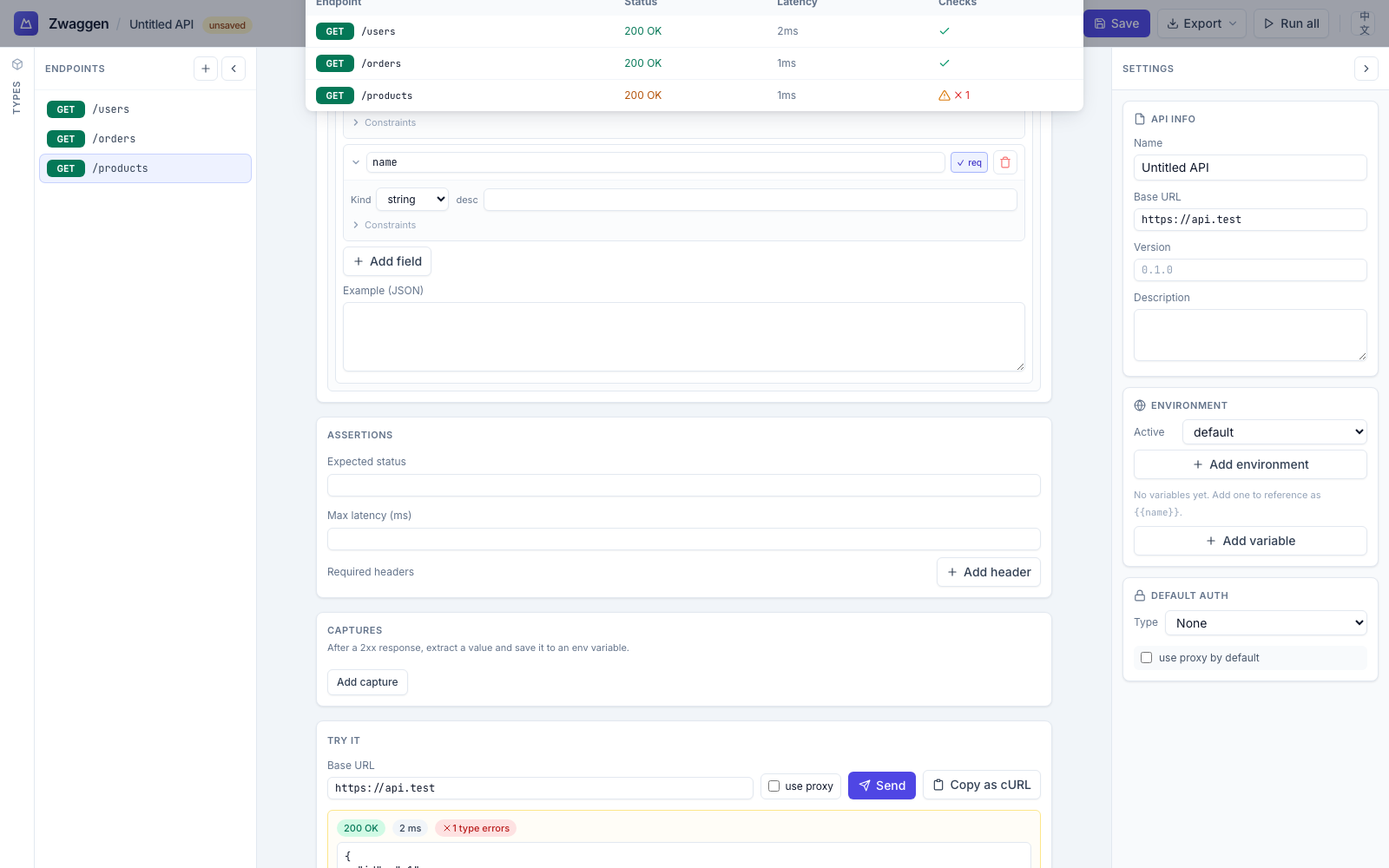 Batch Run panel showing three endpoints with 2 passed / 1 failed