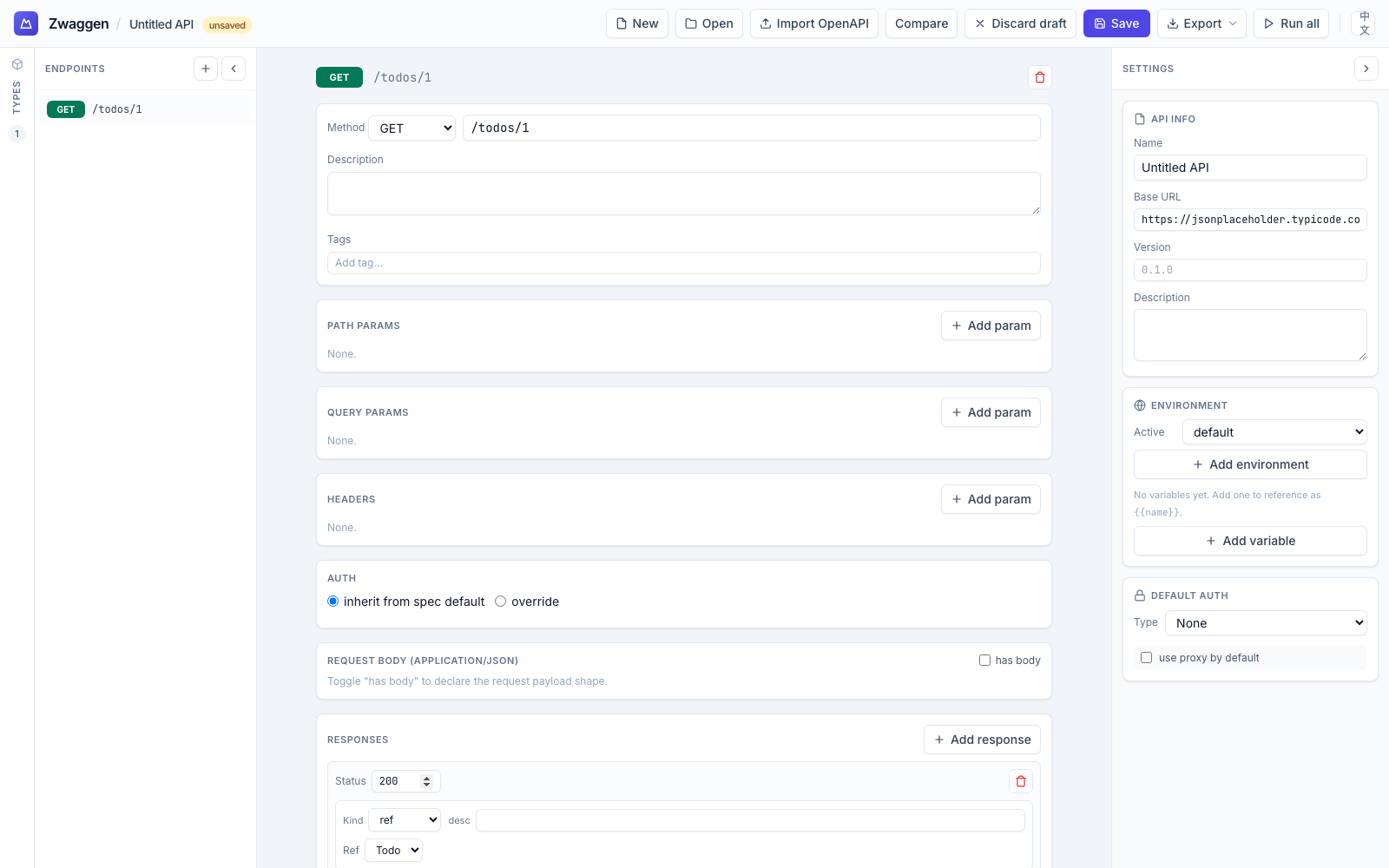 Endpoint editor showing GET /todos/1 with 200 → Todo response
