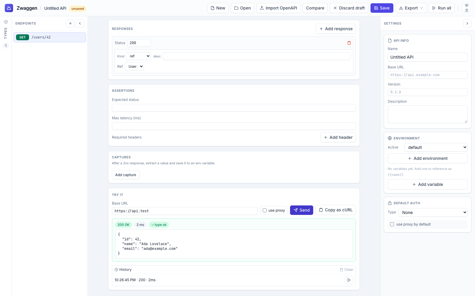 Run panel response — green 200, type ok, validated body
