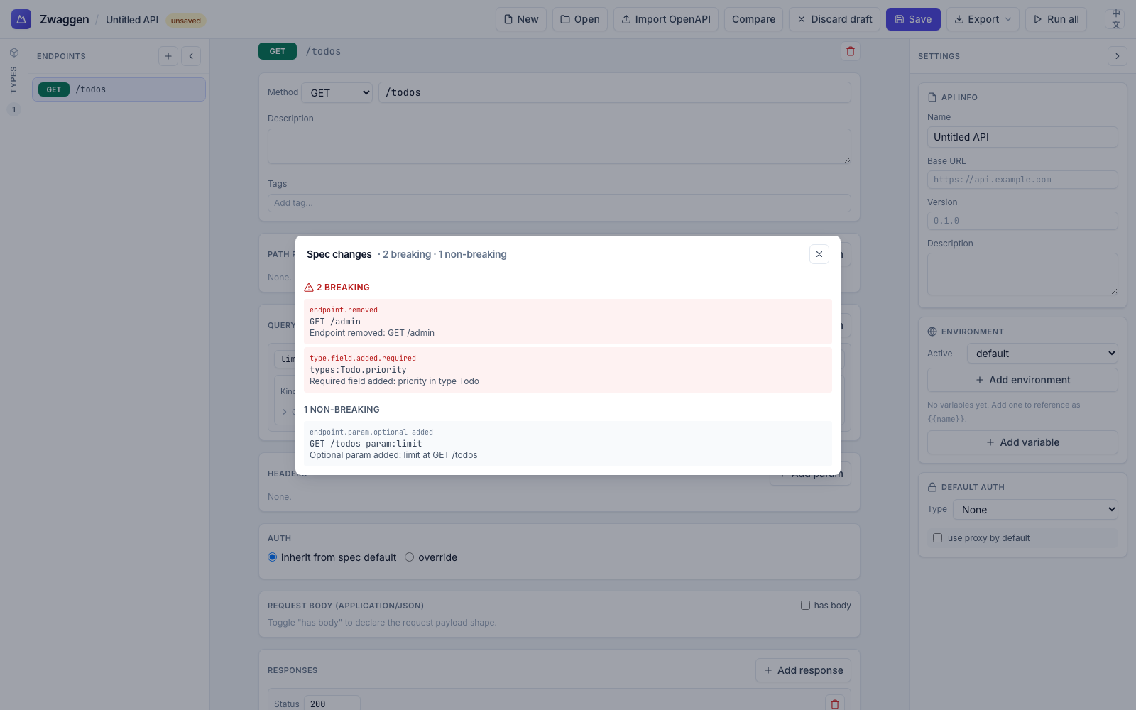 Spec diff dialog showing 2 breaking and 1 non-breaking changes